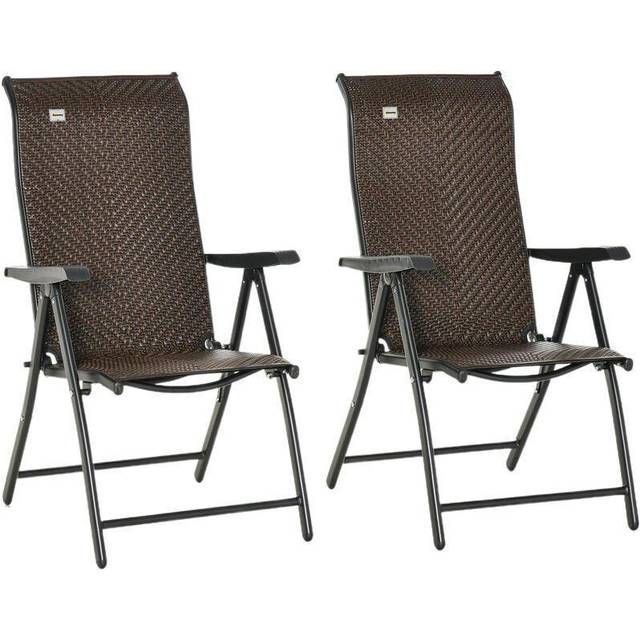 Outsunny Set of 2 Outdoor Rattan Folding Chair Set w/ Adjustable Backrest Brown