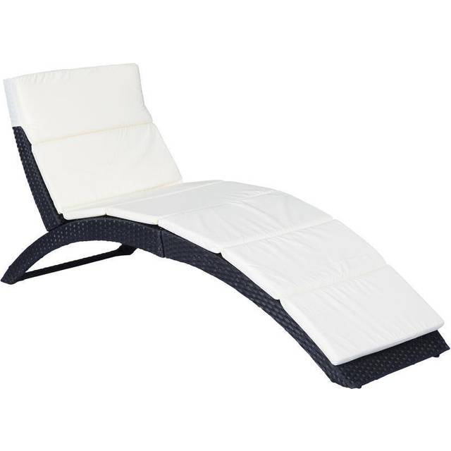 Outsunny Garden Patio Rattan Wicker Folding Sun Lounger Recliner Bed Chair With Cushion, Black