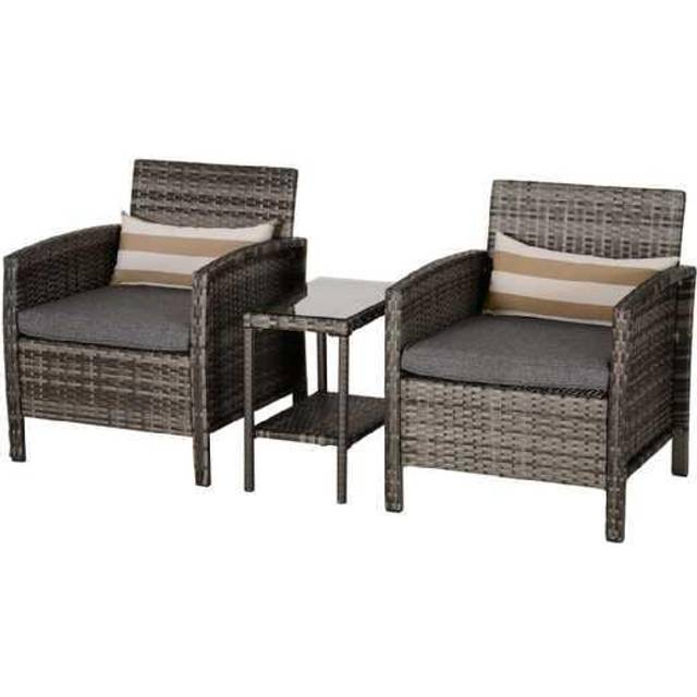 Outsunny 3 PC Outdoor Rattan Sofa Set w/ Chairs Coffee Table Cushion Grey