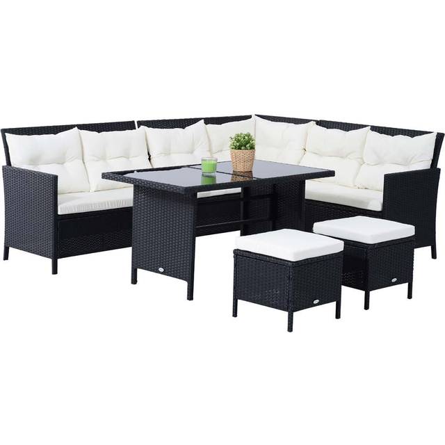 Outsunny Rattan Corner Sofa Set with Table and Footstools - Black | TJ Hughes White