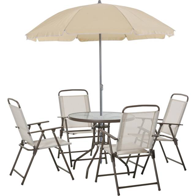 Outsunny Garden Patio Texteline Folding Chairs Plus Table And Parasol Furniture Bistro Set - Beige (6-piece)