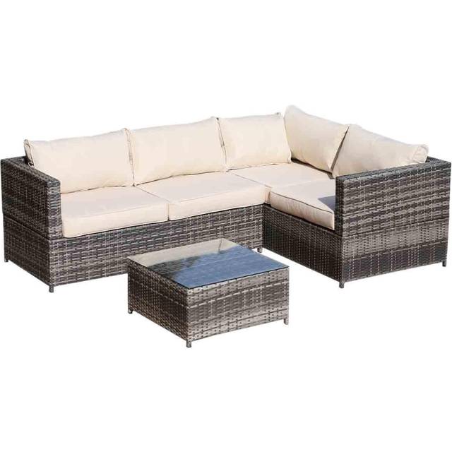 Outsunny 3Pcs Rattan Garden Furniture 4 Seater Outdoor Patio Corner Sofa Chair Set with Coffee Table Thick Cushions, Beige