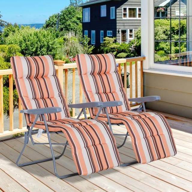 Outsunny Set Of 2 Garden Sun Lounger Outdoor Reclining Seat Cushioned Seat Foldable Adjustable Recliner Orange And White