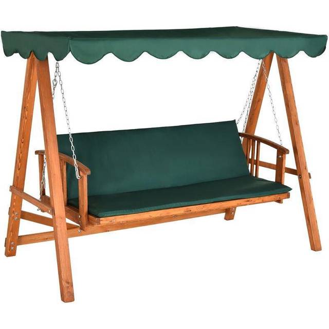 Outsunny 3 Seater 2-in-1 Wooden Garden Swing Seat Swing Chair Outdoor Convertible Hammock Bench Furniture Lounger Bed Wood, Dark Green