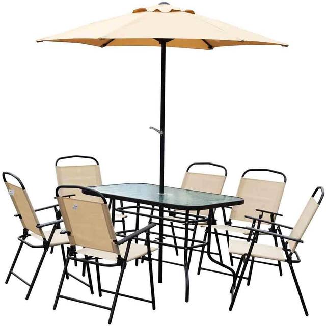 Outsunny 8 Pieces Dining Set Furniture Foldable Chair Table Parasol Beige Garden
