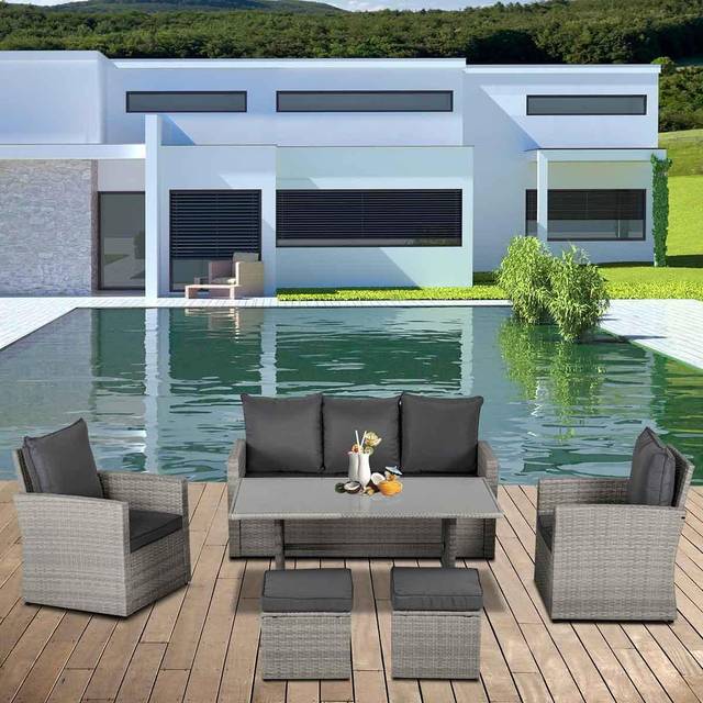 Outsunny - 6 pcs Patio pe Rattan Sofa Furniture Set Dining Table Grey