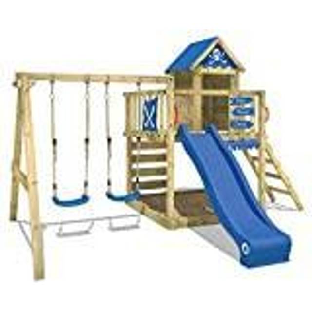 Wooden climbing frame Smart Cave with swing set and slide, Playhouse on stilts for kids with sandpit, climbing ladder & play-accessories - blue