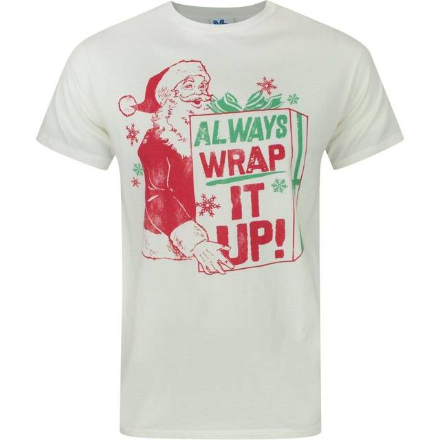 (S, Ivory/Green/Red) Junk Food Mens Always Wrap It Up Santa Claus T-Shirt