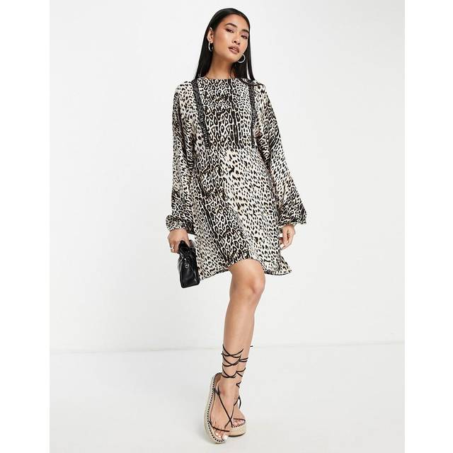 River Island – Brun leopardmönstrad smockklänning i minilängd-Brun/a