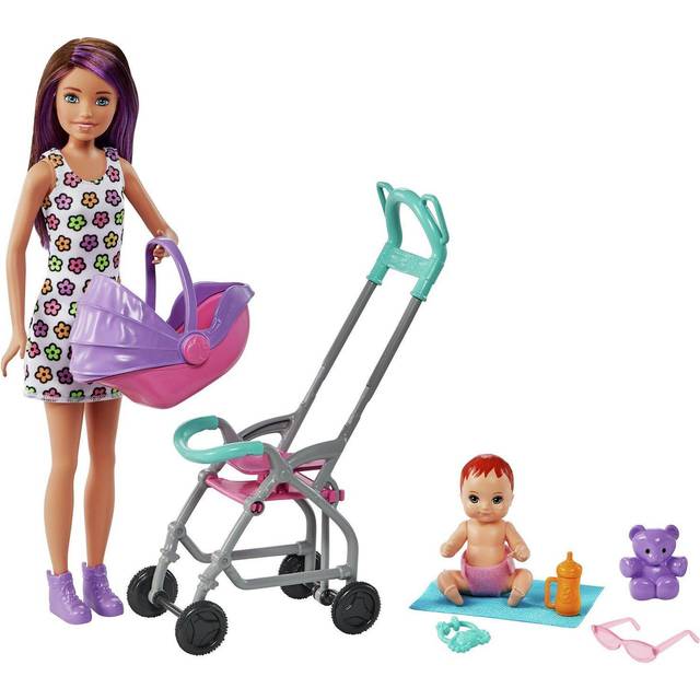 Barbie Skipper Babysitters Inc -lekset med Skipper-barnvaktsdocka (brunett), sittvagn, bebisdocka och 5 tillbehör, leksak för barn från 3 år - GXT34, flerfärgad, flerfärgad