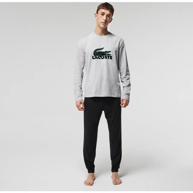 Large Logo Print Pyjamas in Cotton Mix with Long Sleeves - Grey + navy