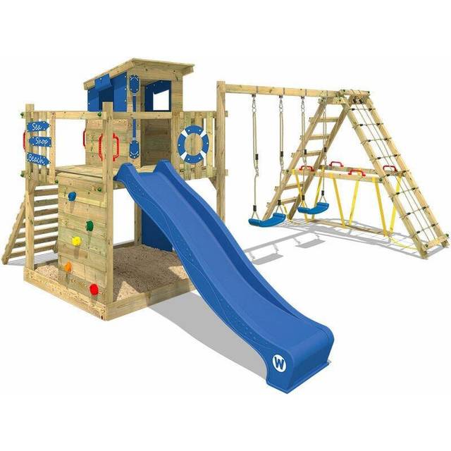 Wooden climbing frame SmartLodge 120 with stairs, swing set and slide, Garden playhouse with sandpit, climbing ladder & play-accessories - blue