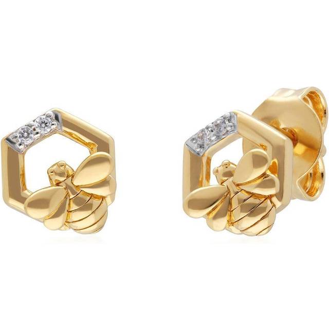 Honeycomb Inspired Diamond Hexagon Bee Earrings in 9ct Yellow Gold