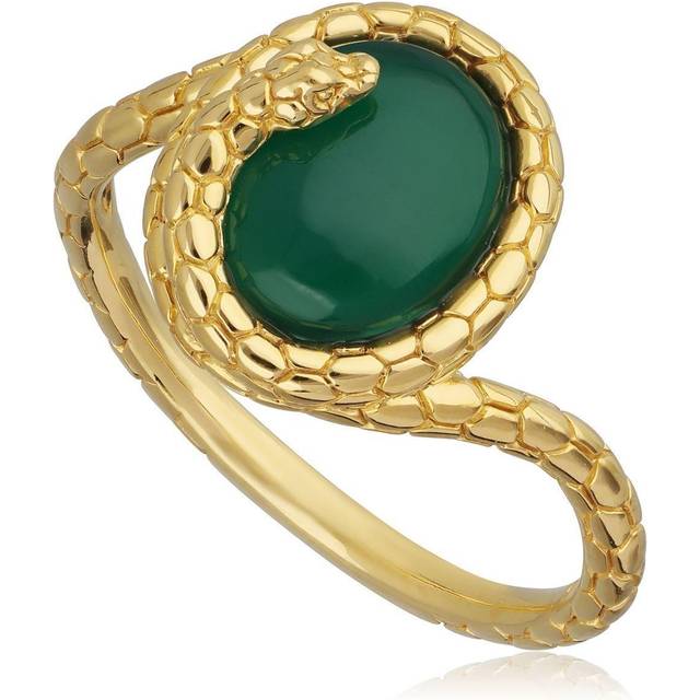 ECFEW™ Dyed Green Chalcedony Winding Snake Ring In Yellow Gold Plated Silver