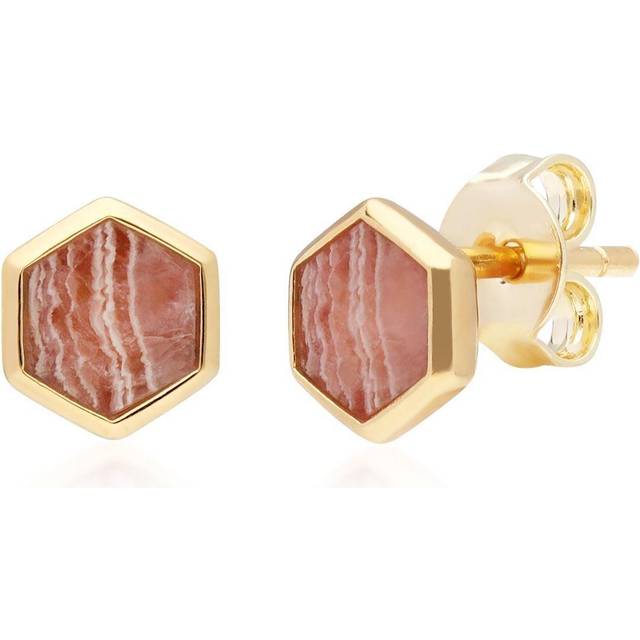 Micro Statement Rhodochrosite Hexagon Stud Earrings in Gold Plated Sterling Silver - Pink