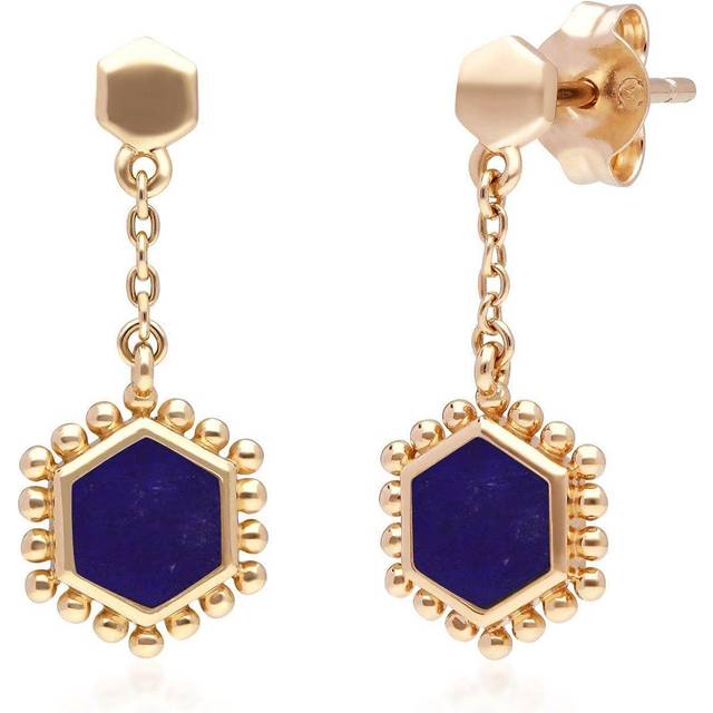 Lapis Lazuli Flat Slice Hex Drop Earrings in Gold Plated Sterling Silver - Blue