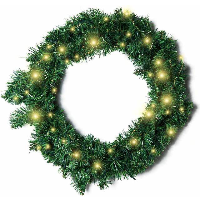 55CM Pre-lit Christmas Wreath with 50 Warm LED Ideal Xmas Artificial Door Decoration - Green - One Size - Homcom