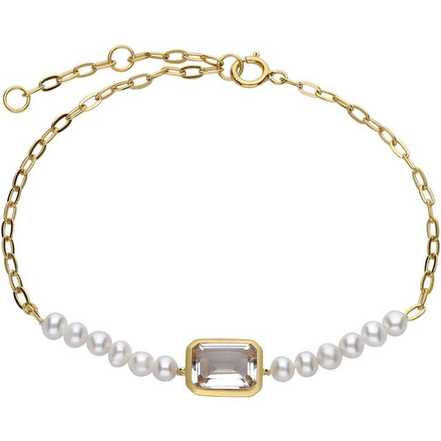 ECFEW™ Unifier White Topaz & Pearl Chain Bracelet In Gold Plated Sterling Silver