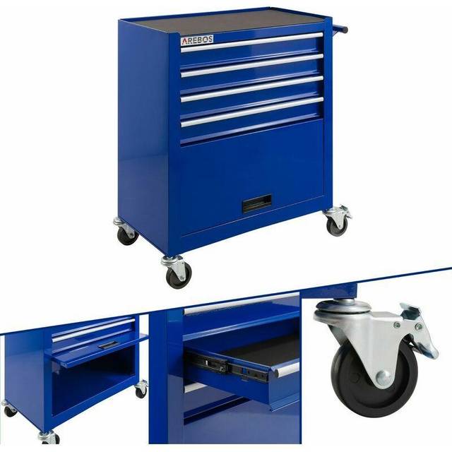 AREBOS 4-Drawer +Compartment Tool Cabinet Garage Tool Chest with Wheels Workshop Tool Storage Lockable Blue
