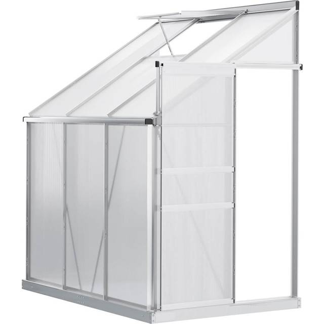 Outsunny 6 x 4ft Lean to Wall Polycarbonate Greenhouse Aluminium Walk-in Garden Greenhouse with Adjustable Roof Vent, Rain Gutter and Sliding Door, Cl