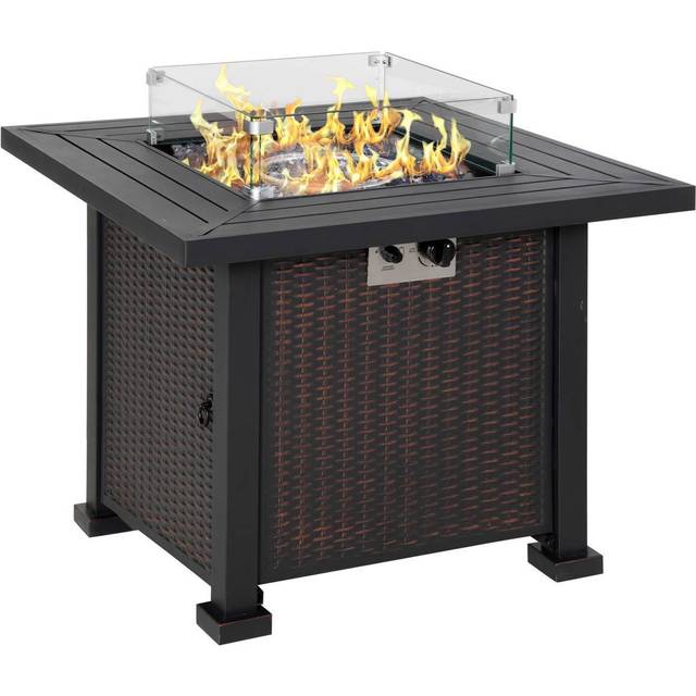 Outsunny Propane Gas Fire Pit Table With Glass Screen, Beads And Lid, 81Cm X 81Cm X 64Cm - One Colour