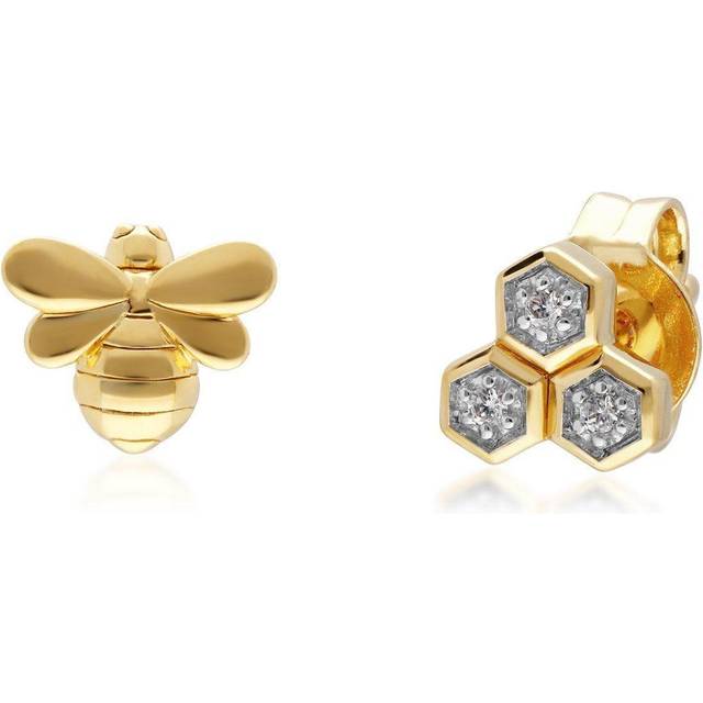 Honeycomb Inspired Mismatched Diamond Bee Earrings in 9ct Yellow Gold