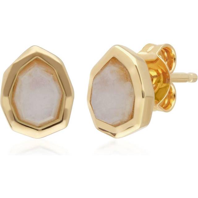 Irregular B Gem Rainbow Moonstone Stud Earrings in Gold Plated Silver