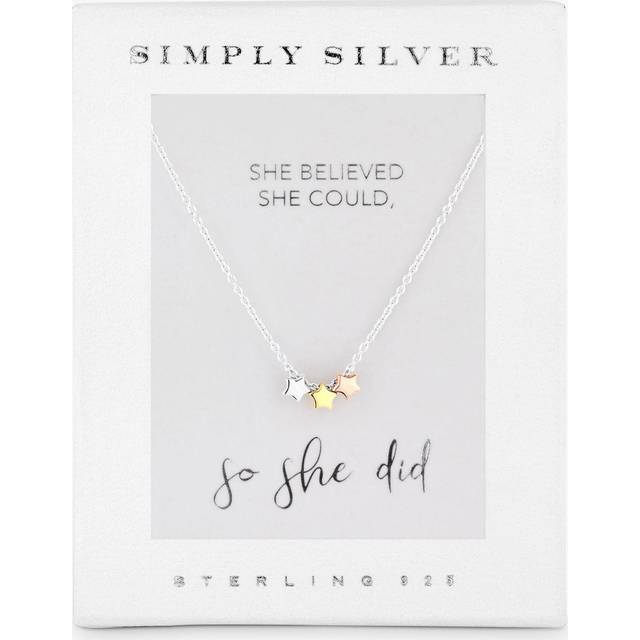 Simply Silver Sterling Silver 925 Tri-Tone Triple Star Necklace - Gift Boxed