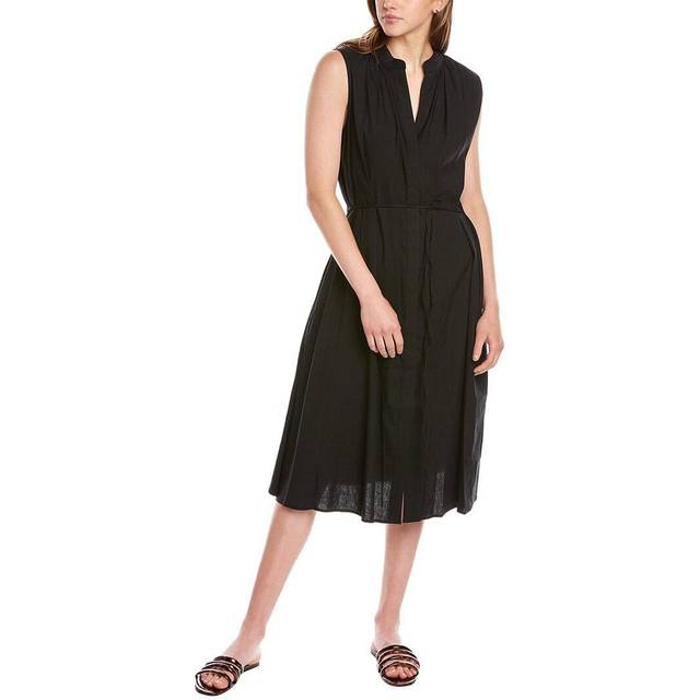 Vince, Midi Dresses, female, Black, L, Black Linen Midi Dress with Shirred Band Collar