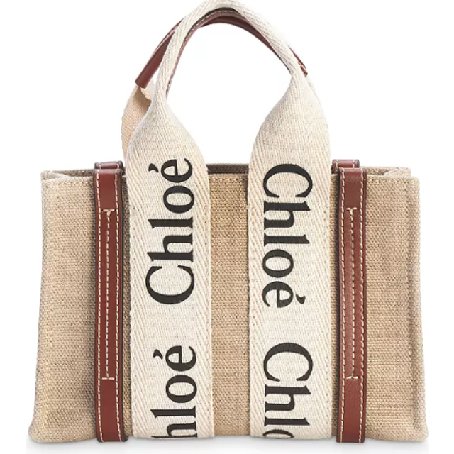 Chloe Mini Woody Linen Logo Tote Bag - White (Size W: 7.9  x H: 5.5  x D: 1.6)