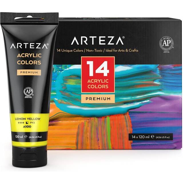 Arteza Acrylic Paint Set, 14 Colours/Pouches (120 ml/4.06 oz.) with Storage Box, Rich, Pigments, Non Fading, Non Toxic for The Professional Artist,...