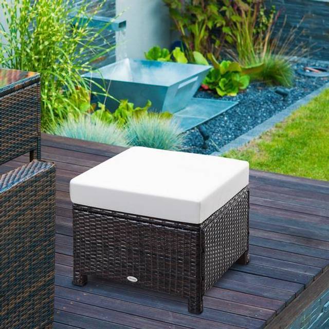Outsunny Rattan Footstool Wicker Ottoman With Padded Seat Cushion Outdoor Patio Furniture For Backyard Garden Poolside Living Room 50x50x35cm Brown