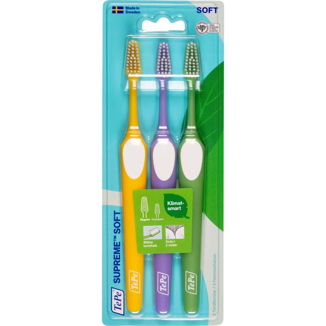 TePe Supreme™ Soft Tandborste, 3-pack, olika färger, mjuk tandborste, unika strån i två nivåer för effektiv och skonsam rengöring, plackborttagning