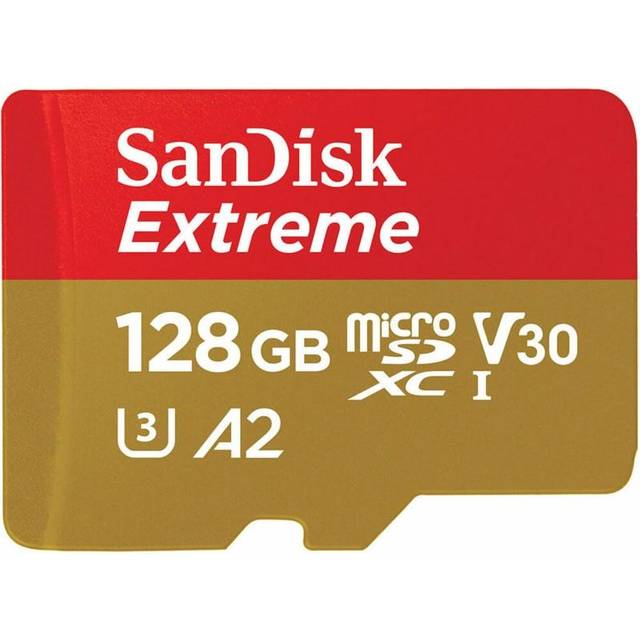 SanDisk 128GB Extreme microSDXC kort +SD-adapter, för din Android-smarttelefon, actionkameror eller drönare, upp till 190 MB/s, RescuePro Deluxe, SanDisk QuickFlow teknik, A2, UHS-I, Class 10, U3, V30