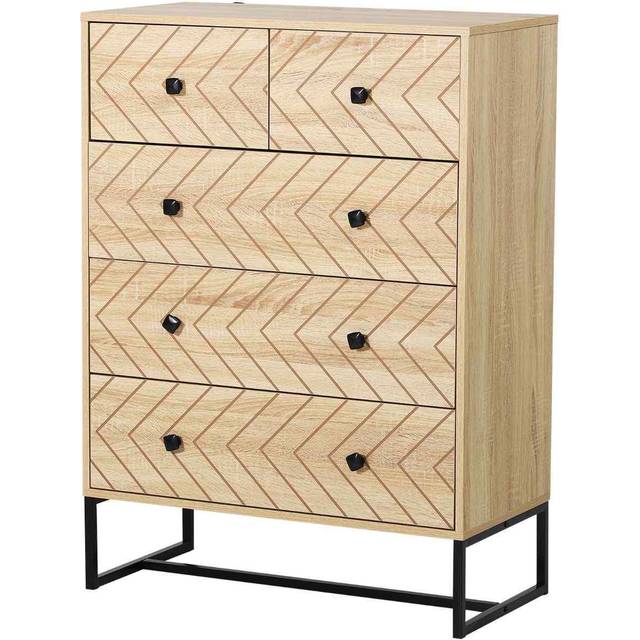 HOMCOM Chest Of 5 Drawers Storage Unit Zig Zag Design w/ Black Metal Handles | TJ Hughes