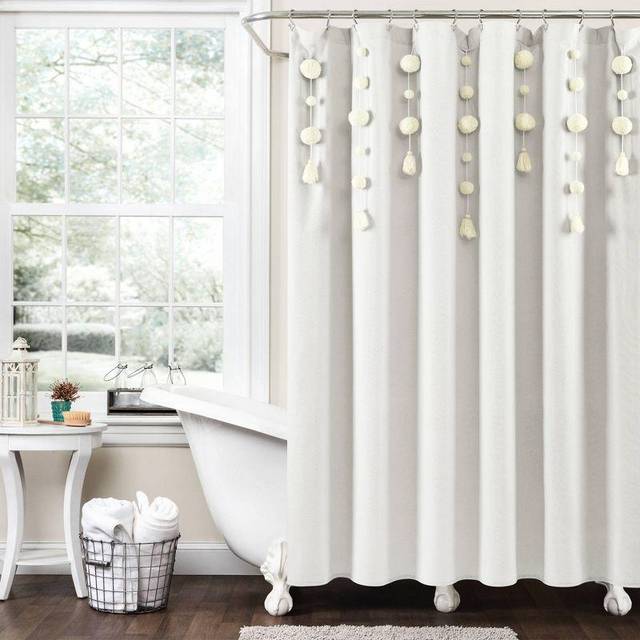 "Lush Decor Boho Pom Pom Tassel Linen Shower Curtain, 72"" x 72"", Off White"