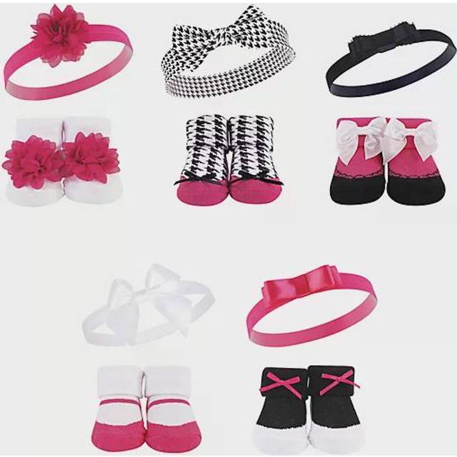 Hudson Baby Infant girl Headband and Socks giftset Dark Pink Black 10-Pack  One Size