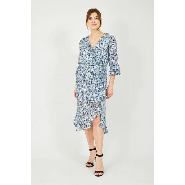 Yumi Womens Recycled Blue Heart Spot Frill Wrap Dress - Size 14 UK