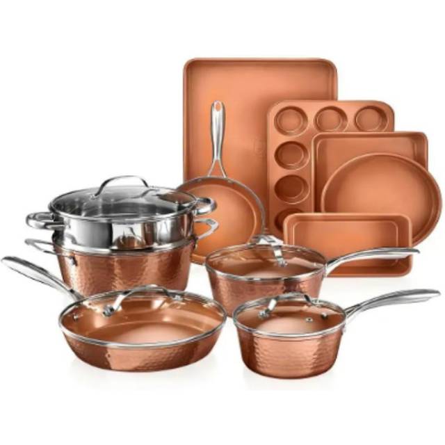 GOTHAM STEEL Hammered Copper Collection  15 Piece Premium Cookware & Bakeware Set with Nonstick Coating, Aluminum Composition Includes Fry Pans