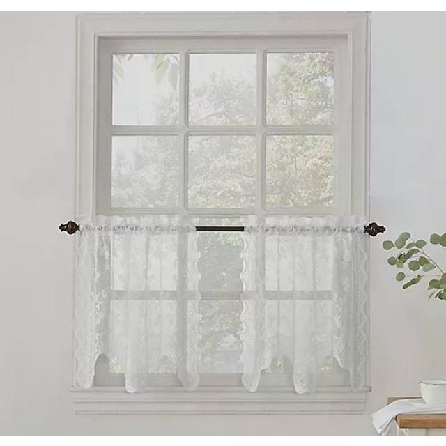 No. 918 Alison Floral Lace Sheer Rod Pocket Kitchen Curtain Tier Pair  58 x 24  White