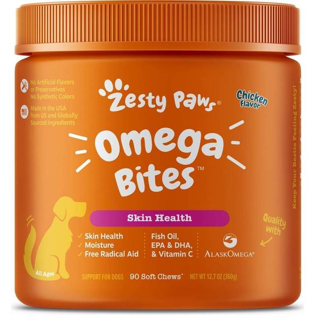Zesty Paws Skin & Coat Fish Oil & Omega-3 Supplement for Dogs Chicken 90 Soft Chews
