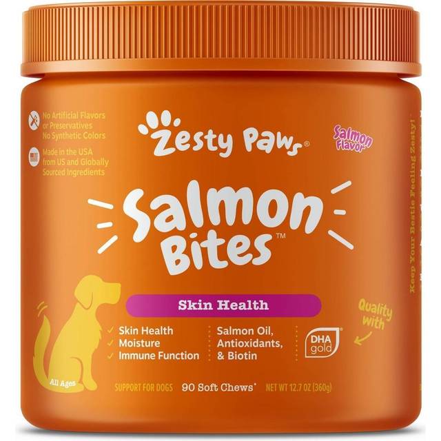 Zesty Paws Skin & Coat Salmon Fish Oil & Omega-3 Supplement for Dogs 90 Soft Chews
