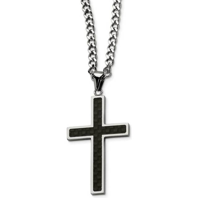 Chisel SRN118-24 Stainless Steel Polished with Black Carbon Fiber Cross 24 in. Necklace - Silver