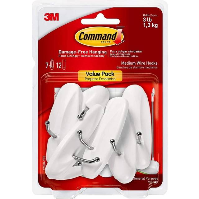 Command Medium Wire Hooks  Damage Free Hanging Wall Hooks with Adhesive Strips  No Tools Wall Hooks for Hanging Decorations in Living Spaces  7 White