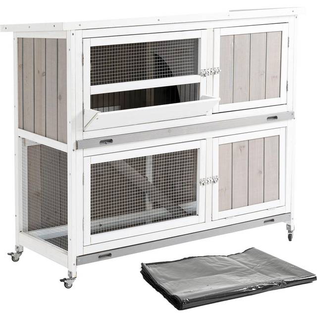 PawHut Two-Tier Wooden Rabbit Hutch w/ Wheels, Trough, Rain Cover, Tray - Grey