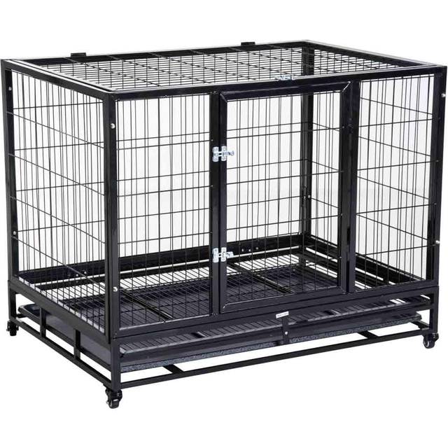 PawHut 43" Heavy Duty Metal Dog Kennel Pet Cage with Crate Tray and Wheels - Black (Large) | TJ Hughes