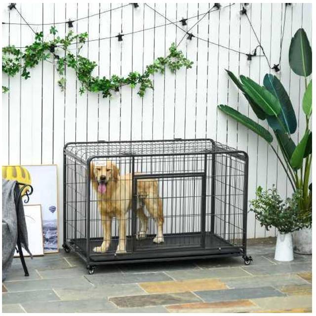 PawHut Heavy Duty Dog Crates Foldable Doge Kennel and Dog Cage Pet Playpen with Double Doors Removable Tray Lockable Wheels 125cm x 76cm x 81cm. | TJ