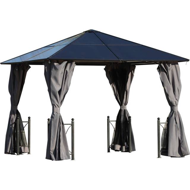 Outsunny 3 x 3(m) Hardtop Gazebo Canopy with Polycarbonate Roof, Steel & Aluminium Frame, Garden Pavilion with Mosquito Netting and Curtains, Black