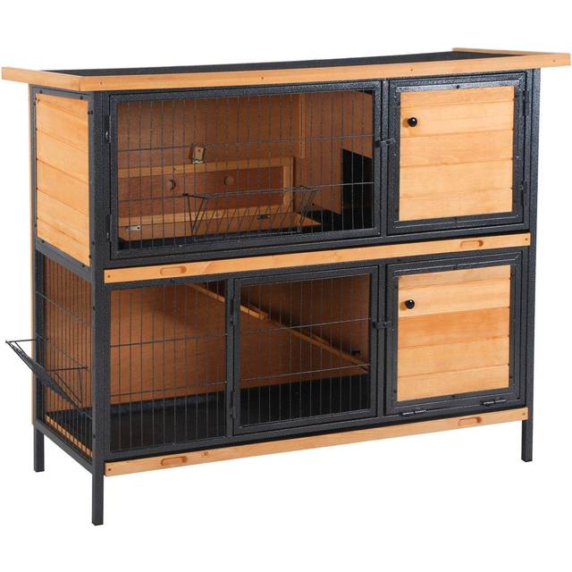 PawHut 2-Story Wooden Metal Rabbit Hutch Bunny Cage w/ Ramp Feeding Trough | TJ Hughes Grey