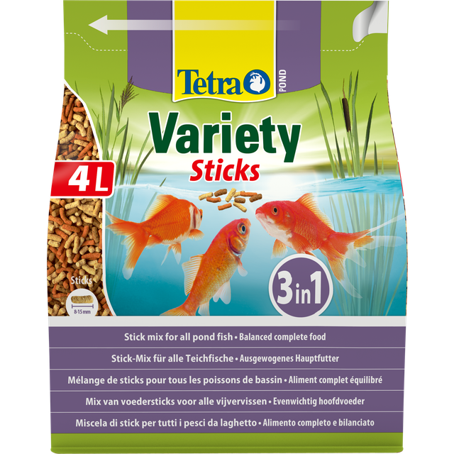 Tetra Pond Variety Sticks – fiskfoderblandning för dammfisk från tre olika pinnar, för hälsa, färgprakt och vitalitet för alla fiskar i dammen, 4 l påsar